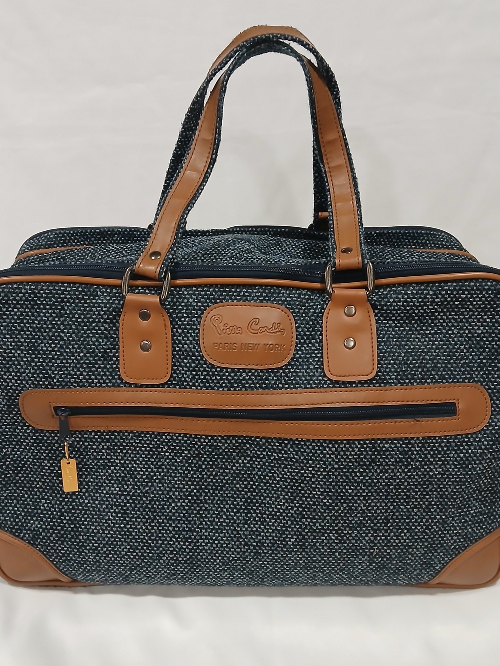 Vintage Pierre Cardin Tweed Weekender Duffel Travel Bag Blue Tan Leather Trim